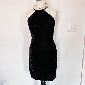 Vintage 90’s Rampage | Pearl Halter Neckline Black Velvet Mini Dress